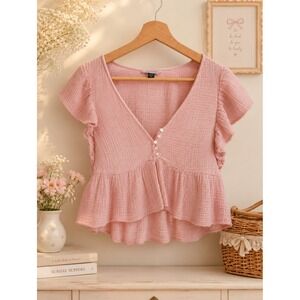 American Eagle Peplum Blouse Womens Small Pink Ruffle Sleeve Gauze Top
